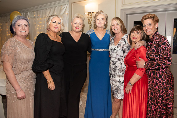 Margaret Farren, Sharon McDaid, Karen McLaughlin, Elaine McColgan, Paula Dempsey, Linda Lafferty and Debbie Fallon, Neal Doehrty's Jeweller's Home and Giftwear at the Carndonagh Traders Business and Community Awards in the Ballyliffen Lodge Hotel on Saturday night last. Photo Clive Wasson.