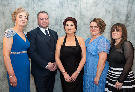 Elaine McColgan, Davin Doherty, Deirdre Bradley, Keely Beresford and Andrea Porter, Visit Carndonagh Office at the Carndonagh Traders Business and Community Awards in the Ballyliffen Lodge Hotel on Saturday night last. Photo Clive Wasson.